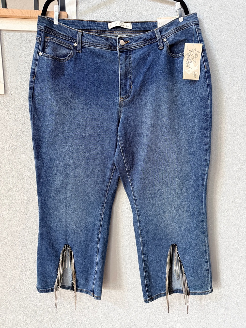 NWT C Est. 1946 Rhinestone Fringe Split Hem Rodeo Cropped Jeans Plus 18W